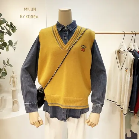 2021早春款韩国东大门ins复古百搭V领针织马甲毛衣显瘦打底衫大码图片