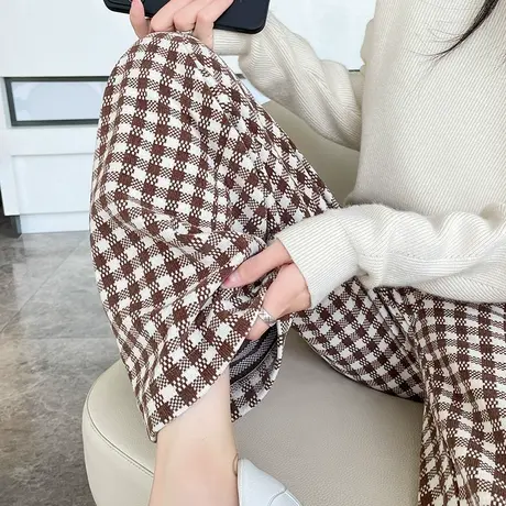咖色棋盘格阔腿裤女春秋2023年新款高腰宽松显瘦针织休闲直筒长裤图片