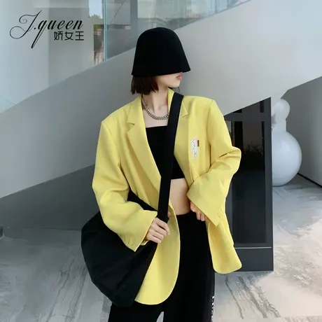 黄色西装外套女春季新款宽松复古休闲上衣贴标廓形宽肩炸街小西服图片