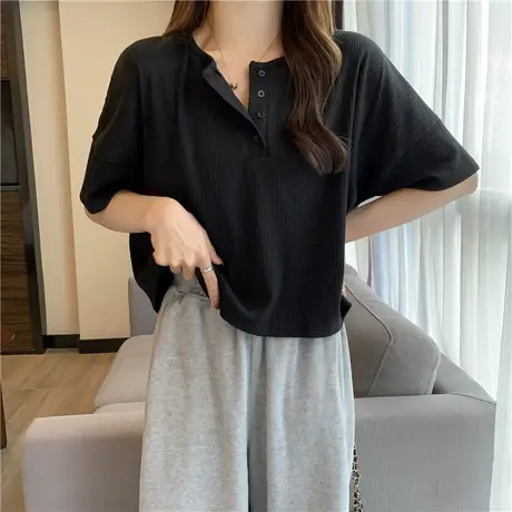 纯欲风短袖正肩T恤女夏季新款气质圆领设计感小众短款辣妹上衣商品大图