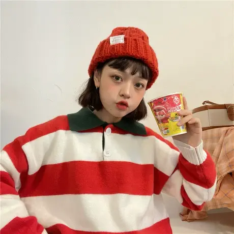 红续条纹毛衣女秋冬季新款慵懒风撞色宽松polo领加厚圣诞针织上衣图片