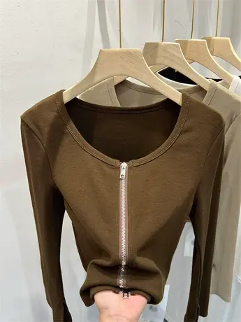 短款双拉链针织开衫纯色简约上衣女2023年早秋新款螺纹长袖打底衫商品大图