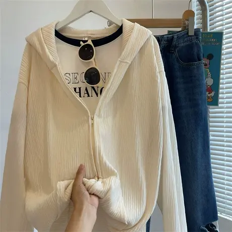 外套女春秋季薄款高级感炸街空调衫罩潮ins拉链卫衣连帽外套上衣商品大图