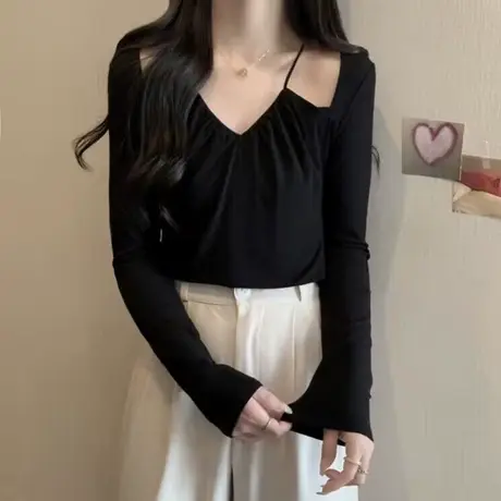 甜辣妹纯欲风短款长袖T恤女秋冬洋气韩版修身打底衫德绒内搭上衣商品大图