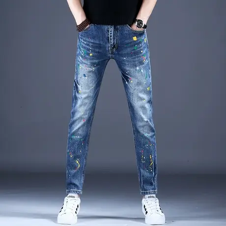 美式高街潮牌牛仔裤男款秋冬薄款修身小脚裤子2023破洞涂鸦裤子男商品大图
