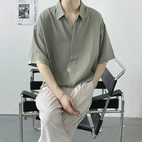 免烫夏季宽松雪纺男中短袖衬衫垂坠滑感轻熟韩风气质冰丝高级薄款图片