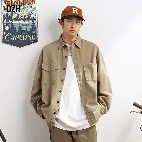 男士卡其色纯棉长袖衬衫男工装外套男生衣服2023秋冬新款情侣衬衣商品大图