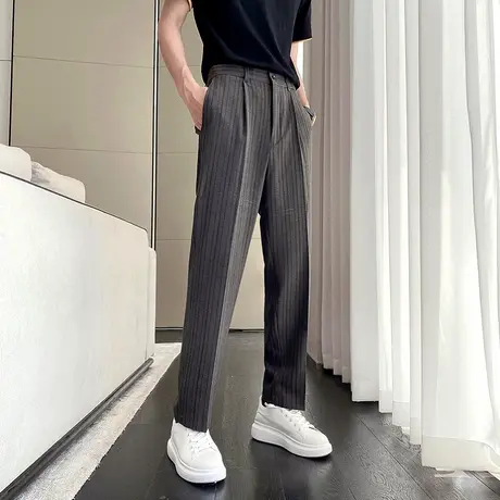 男士轻熟风垂感直筒裤休闲百搭宽松阔腿条纹裤子痞帅西裤男长裤潮商品大图