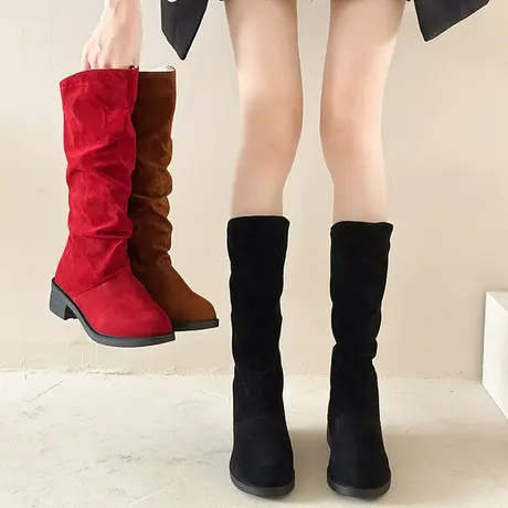 中筒马丁靴长筒牛仔堆堆长靴女鞋子2023年秋冬磨砂绒面短靴骑士靴图片