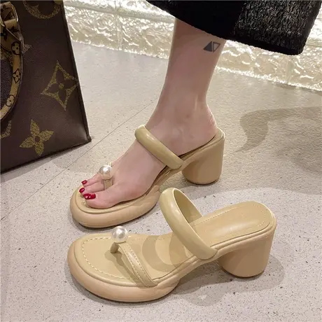 网红拖鞋女外穿2023年夏季新款时尚百搭洋气珍珠高跟夹趾凉拖鞋潮商品大图