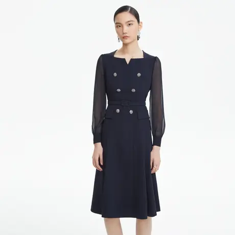 LANCY/朗姿秋季新款长袖收腰连衣裙子女高级感通勤网纱裙子女奥莱图片