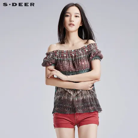 sdeer圣迪奥夏装民族图腾印花一字领短袖两穿短袖衬衫女S16280444图片