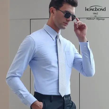 红邦创衣 秋冬商务男衬衫纯棉蓝色牛津纺长袖衬衣团体定制工作服图片