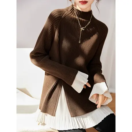 半高领毛衣女秋冬加厚2023新款宽松慵懒风假两件拼接洋气显瘦上衣图片