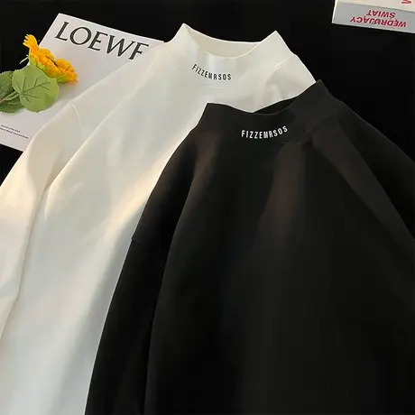 春秋季德绒半高领打底衫男潮牌保暖内搭2024新款情侣港风重磅衣服商品大图