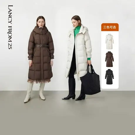 朗姿白鹅绒长款气质修身连帽收腰羽绒服冬季新款图片