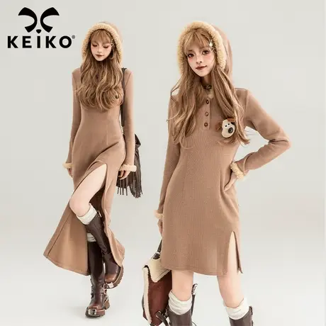 KEIKO 辣妹毛绒连帽连衣裙2024早春美拉德修身长短款开叉包臀裙子图片