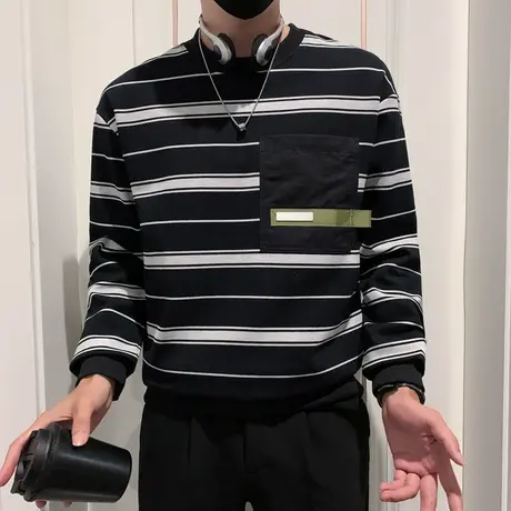 男士休闲卫衣春秋季韩版简约ins条纹上衣个性高级感长袖T恤打底衫商品大图