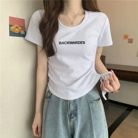 纯欲风弧形下摆白色短袖t恤女夏季修身高腰短款正肩不规则上衣潮商品大图