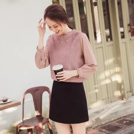 桔熊秋冬法式浪漫短绒毛拼接荷叶领珍珠长袖上衣女神大码AB19239图片