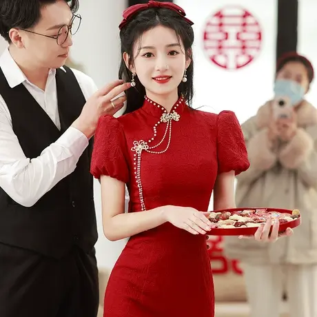 敬酒服2023新款新娘鱼尾旗袍高级感修身中长款中式结婚订婚礼服女商品大图