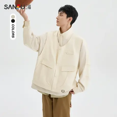 三福2024春季男士立领假两件夹克 日系户外时尚外套男482408商品大图