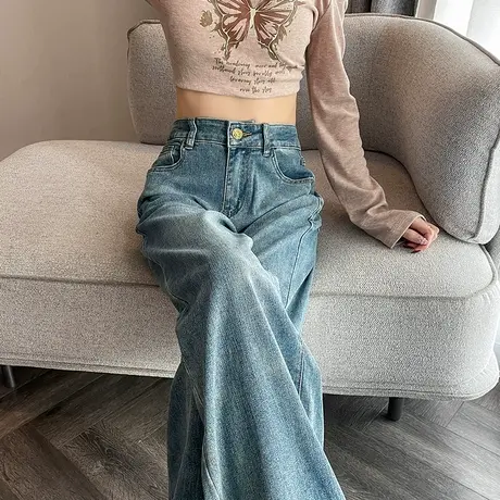 复古阔腿牛仔裤女春秋新款高腰宽松显瘦垂感百搭遮胯直筒拖地长裤商品大图