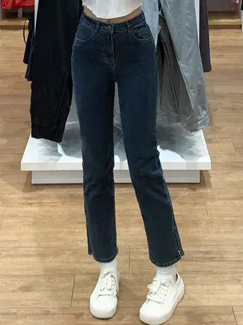 高腰直筒牛仔裤女美式复古小众设计感开叉修身显瘦九分裤子烟管裤图片