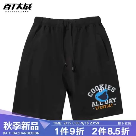 2023新款潮流美式休闲短裤男夏季薄款纯棉宽松外穿芝麻街黑色裤子商品大图