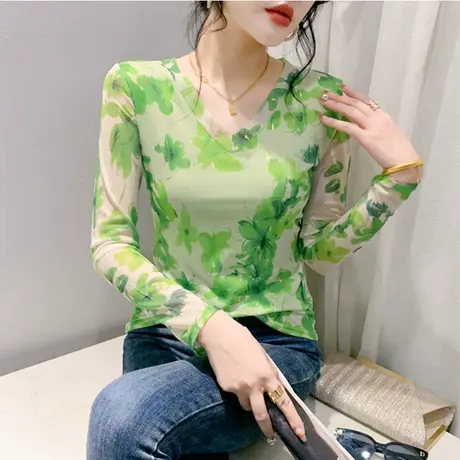欧货烫金印花打底衫女长袖春季2024新款设计感V领T恤网纱修身上衣图片