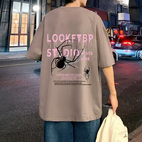 美式高街短袖t恤男夏季纯棉宽松蜘蛛圆领体恤潮流运动半截袖上衣图片