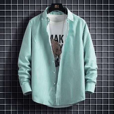 衬衫男士长袖秋季痞帅衬衣日系寸衫潮流休闲男生条纹刺绣外套ins图片