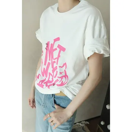 2024春夏新款时尚简约休闲T恤纯棉圆领宽松显瘦印花字母短袖女商品大图