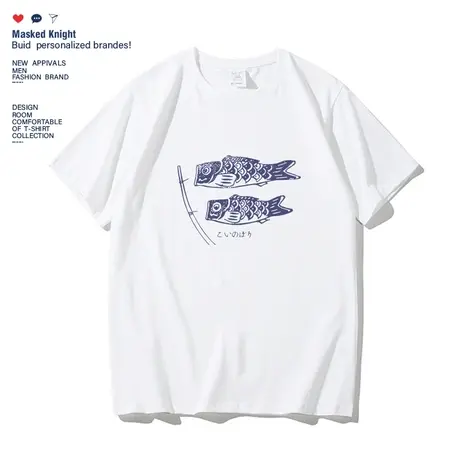 夏季潮牌日系复古鲤鱼旗印花T恤男女学生纯棉宽松短袖打底衫半袖图片