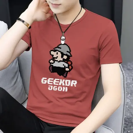 莫代尔冰丝t恤男短袖夏季潮牌像素印花半袖圆领凉感透气速干体恤图片