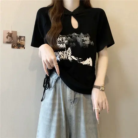 抽绳下摆短袖T恤女2024夏季新款韩版百搭新中式国风盘扣半袖上衣商品大图