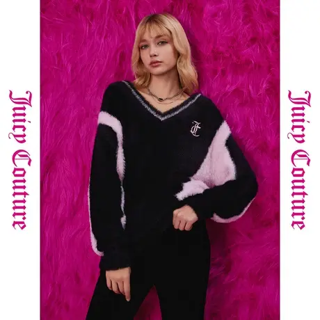 Juicy Couture橘滋秋季装女装年新款刺绣V领拼色羽毛纱毛衣图片