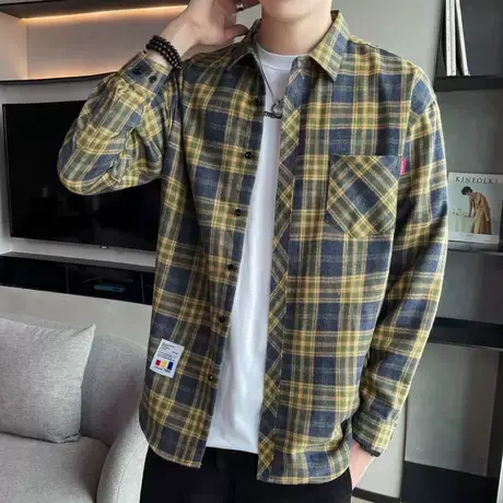 男士衬衫长袖秋季新款休闲宽松格子衬衣男夏季潮流寸衫青少年外套商品大图