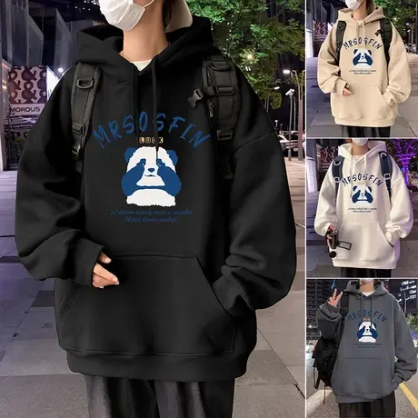 oversize港风卡通熊猫连帽卫衣男秋冬季情侣外套2023新款套头帽衫商品大图
