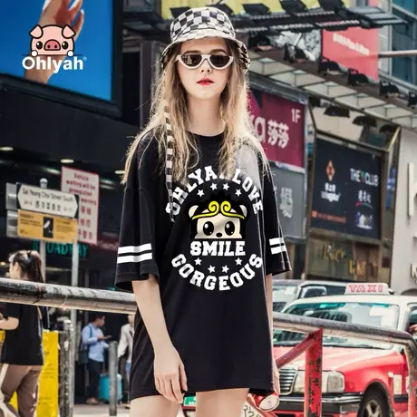 Ohlyah品牌夏装t恤短袖女纯棉韩潮牌宽松圆领卡通港风t恤ins上衣图片