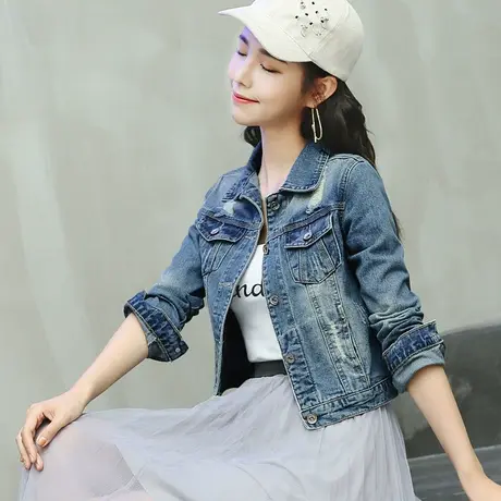 牛仔外套女短款修身韩版潮显瘦学生长袖春秋牛仔服上衣破洞怀旧96商品大图
