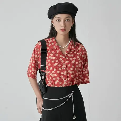 omont蛋挞家 张子枫同款 碎花雪纺衬衫女夏复古港味短袖衬衣外套图片