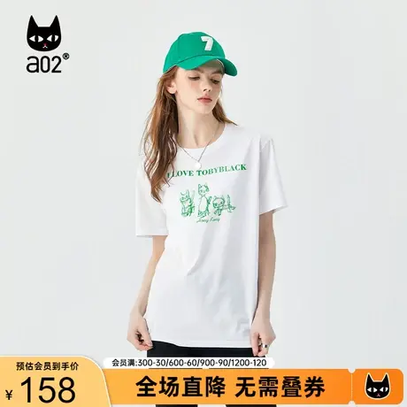【趣玩】a02潮酷百搭T恤女2023夏季新品宽松简约圆领猫咪印花T恤商品大图