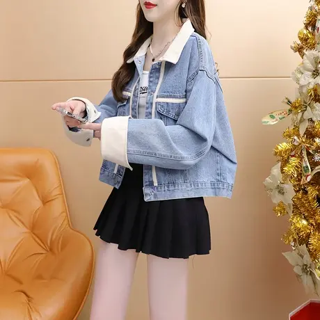 短款小个子牛仔外套女2023新款秋冬季时尚洋气减龄宽松慵懒风上衣商品大图