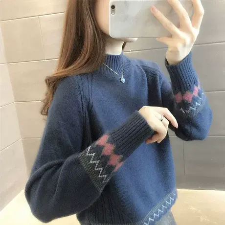 2023秋冬新款韩版半高领毛衣女宽松外穿短款毛衣女针织衫洋气上衣图片