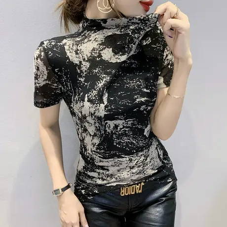 半高领打底衫女春秋2023新款复古印花T恤女短袖显瘦弹力网纱上衣商品大图