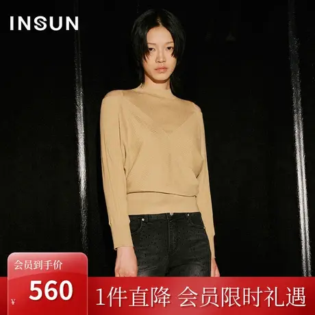 恩裳COVER2023秋季新款时髦假两件露肩坑条蝴蝶袖羊毛混纺针织衫商品大图