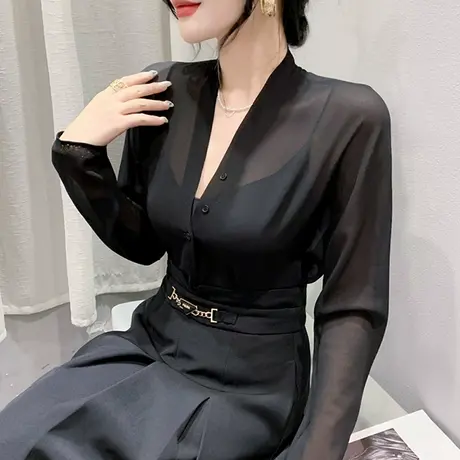 性感黑色网纱防晒罩衫女长袖气质透视薄款上衣百搭低胸V领T恤夏装商品大图