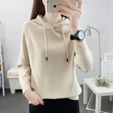 连帽针织衫女宽松2022年秋装新款韩版百搭纯色毛衣外套短款薄打底商品大图
