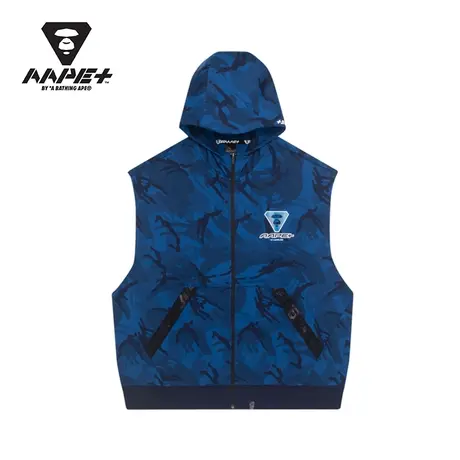 AAPE+运动男装秋冬猿颜徽章字母印花迷彩运动无袖连帽马甲3798XXG商品大图